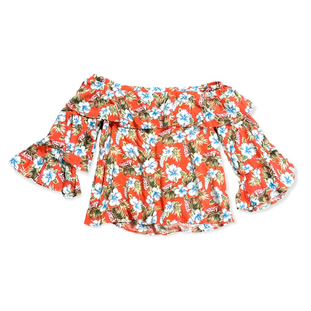 Off the Shoulder Tropical Print Flowy Blouse, Size Large.
